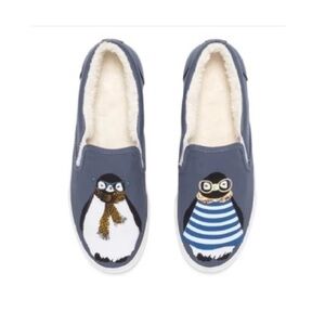 Bucketfeet Creme Sherpa Lined Hipster Penguin Blue Shoes Size 8